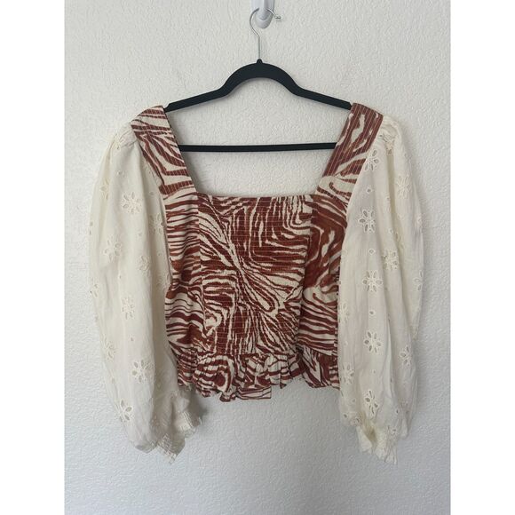 Anthropologie Love The Label Smocked Eyelet Puff Balloon Sleeve Blouse NWT PL - Picture 8 of 13